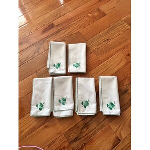 Vintage White Linen Napkins Green Floral Embroidery Stitched Edge Set of 8